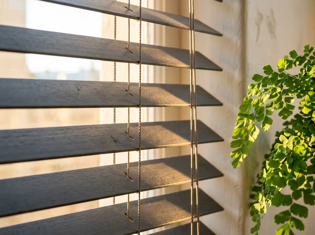 Close-up detail of blind fabric and headrail finish, iron grey and candlelight cream tones