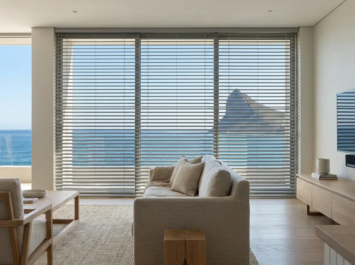 Slim aluminium venetian blinds across a full-height glass wall in an open-plan Camps Bay living room, the metal slats tilted to steer glare off the water, Lion&rsquo;s Head and the Atlantic visible through them