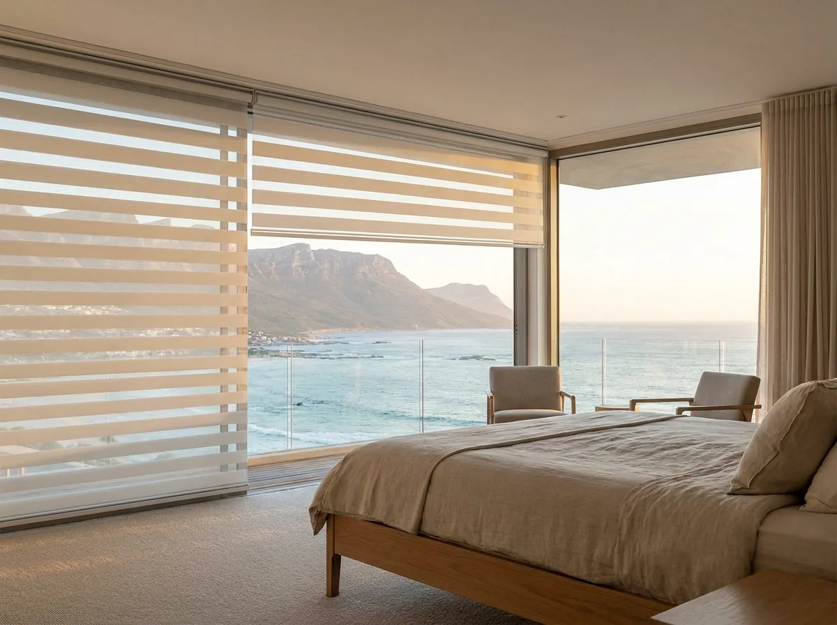 A day-night double roller blind on a Camps Bay bedroom window, alternating sheer and solid horizontal fabric bands aligned to let the Atlantic view through, the ocean and mountain beyond in soft morning light