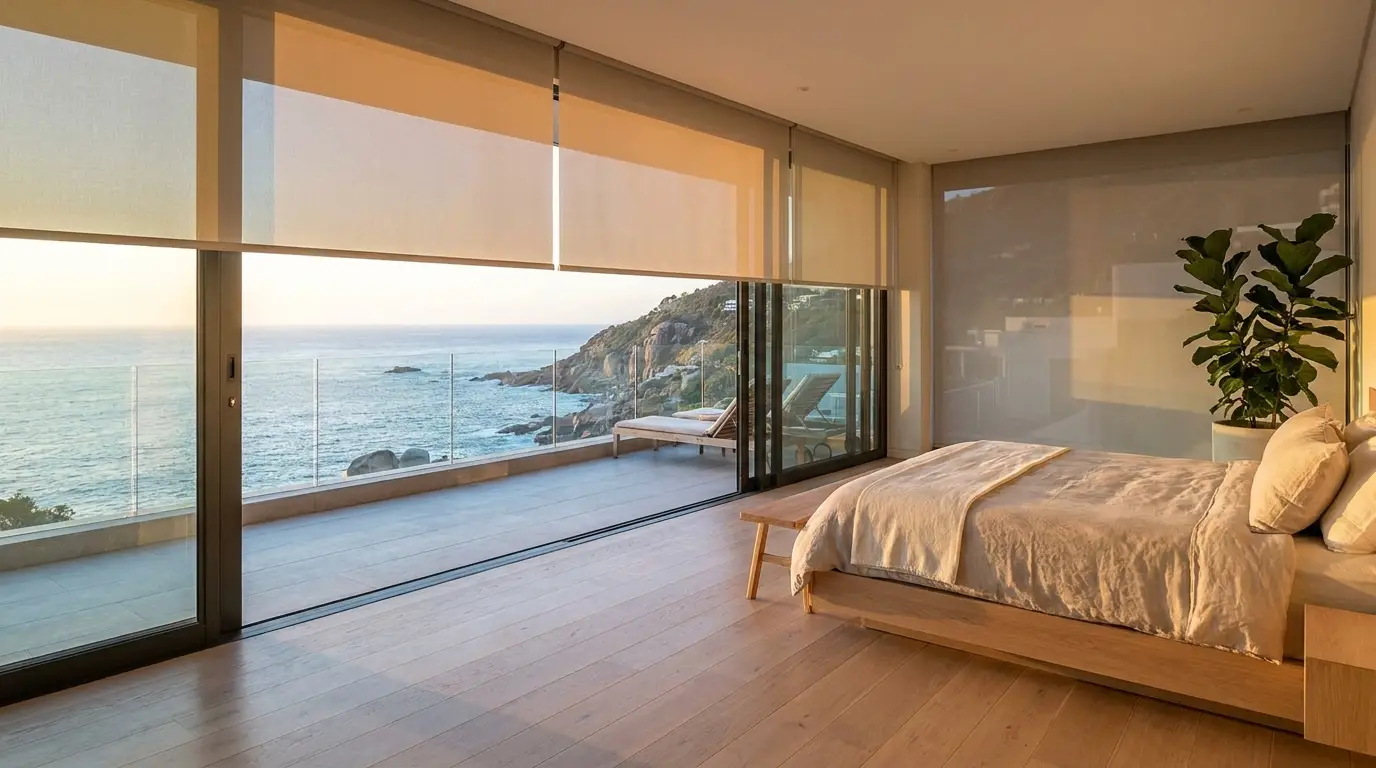 Motorised roller blinds in a Clifton clifftop bedroom, floor-to-ceiling glass onto a private balcony with ocean and coastline views
