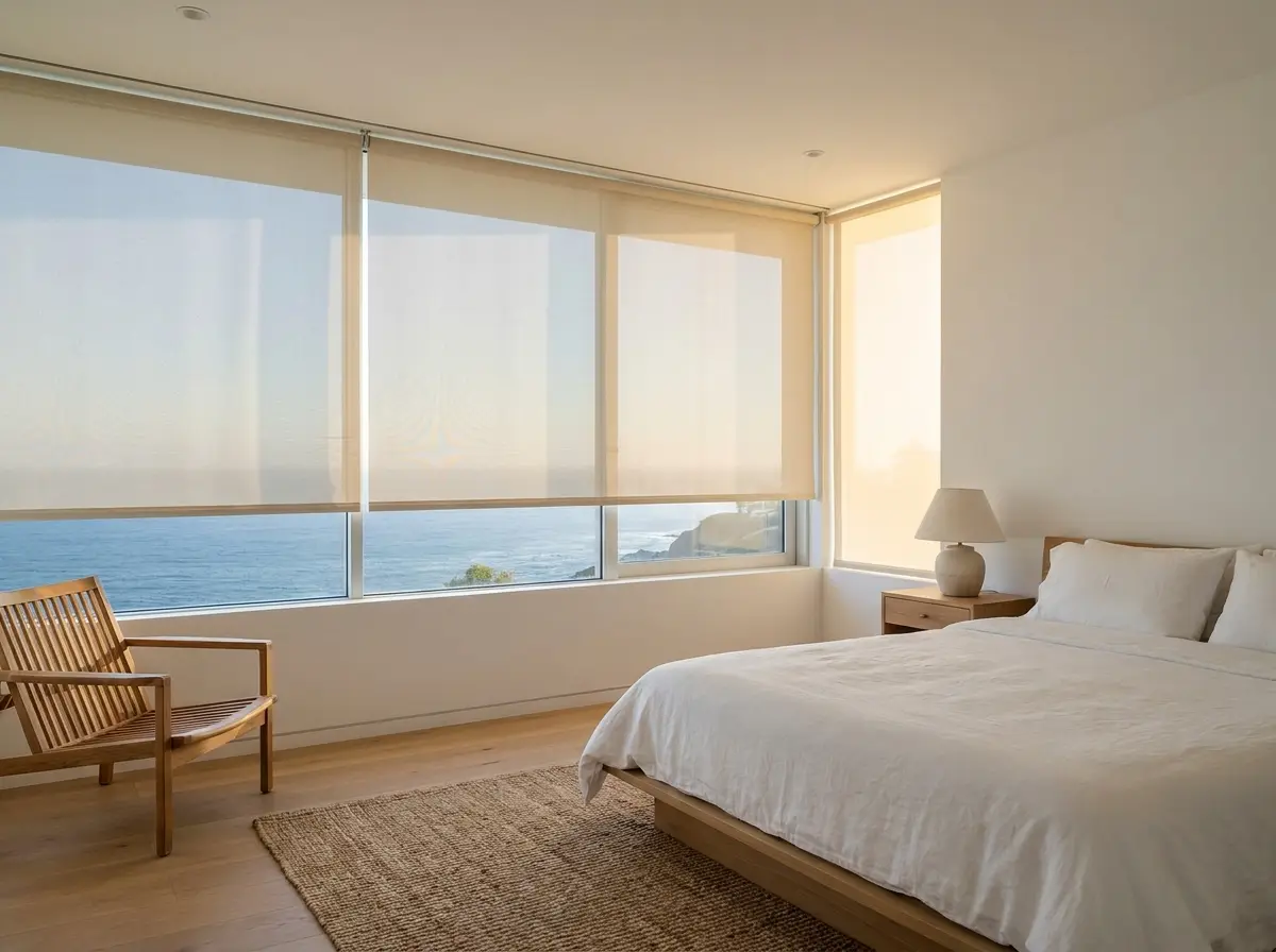 Pale sunscreen roller blinds on a west-facing window in a Fresnaye hillside bedroom above Bantry Bay