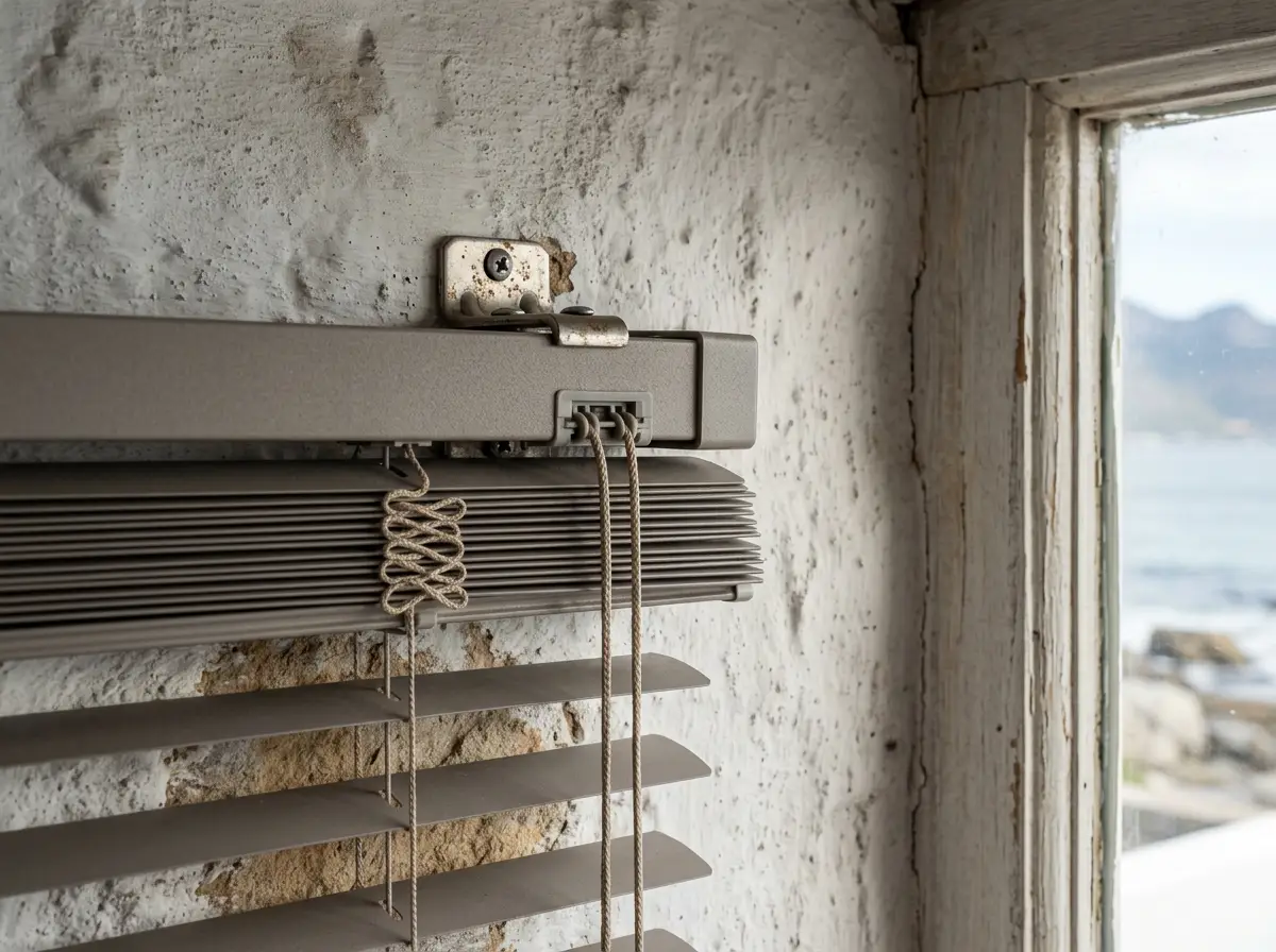 Close-up of a powder-coated aluminium blind headrail and salt-air rated bracket against a whitewashed Llandudno beach-house wall