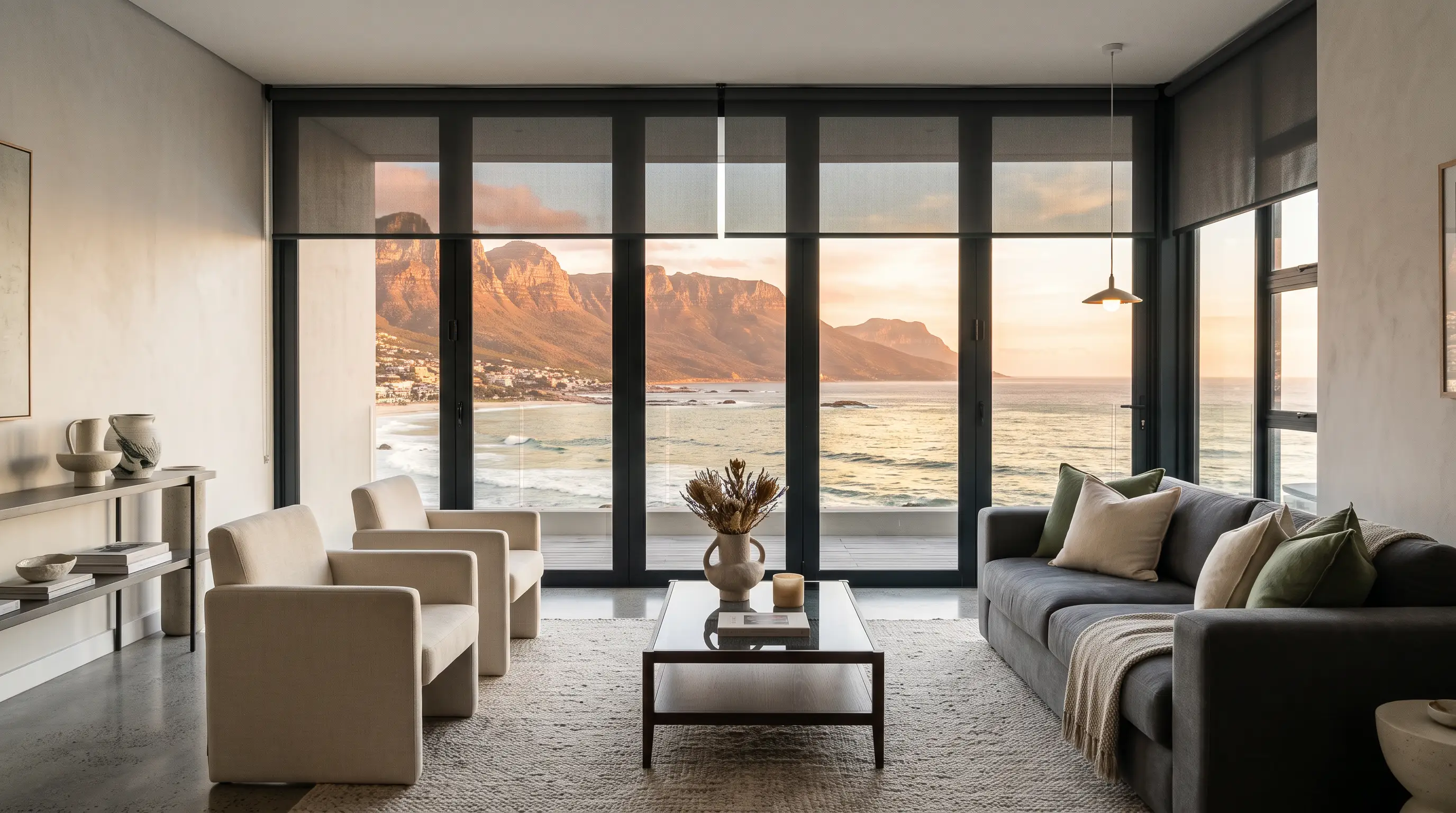 Motorised blinds in a modern Camps Bay living room with Atlantic Ocean and Table Mountain views