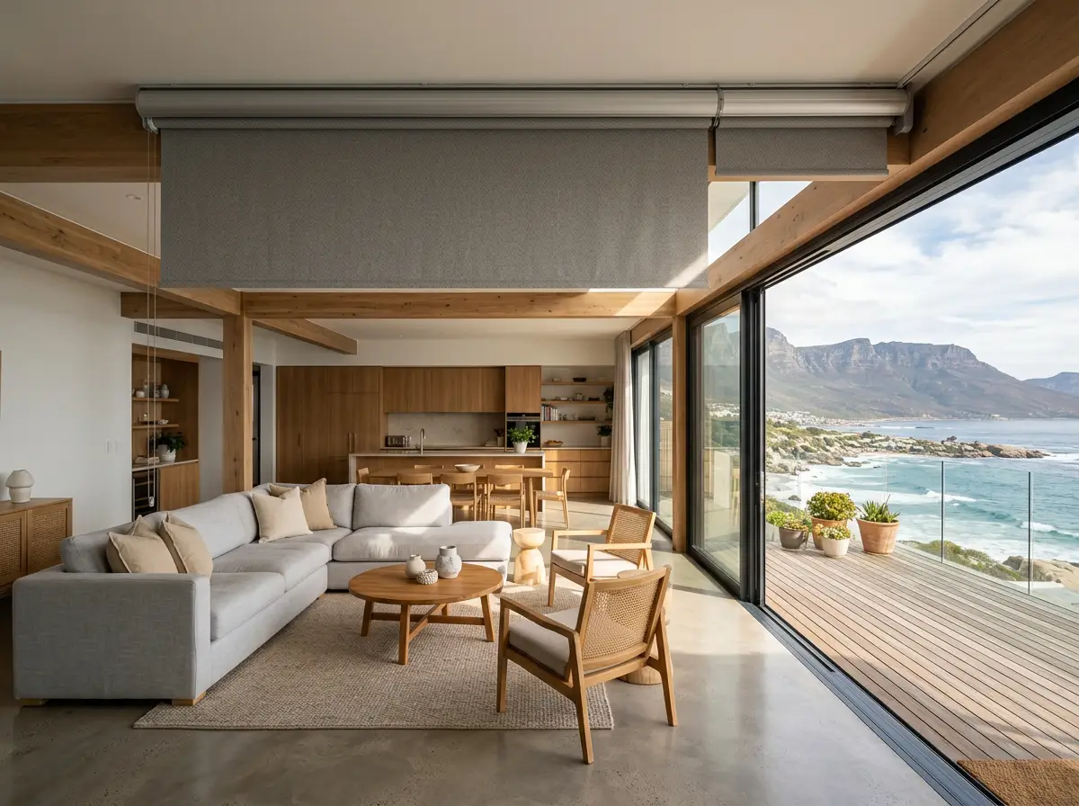 Blockout roller blind partially drawn across a full-width sliding glass wall in a Camps Bay living room