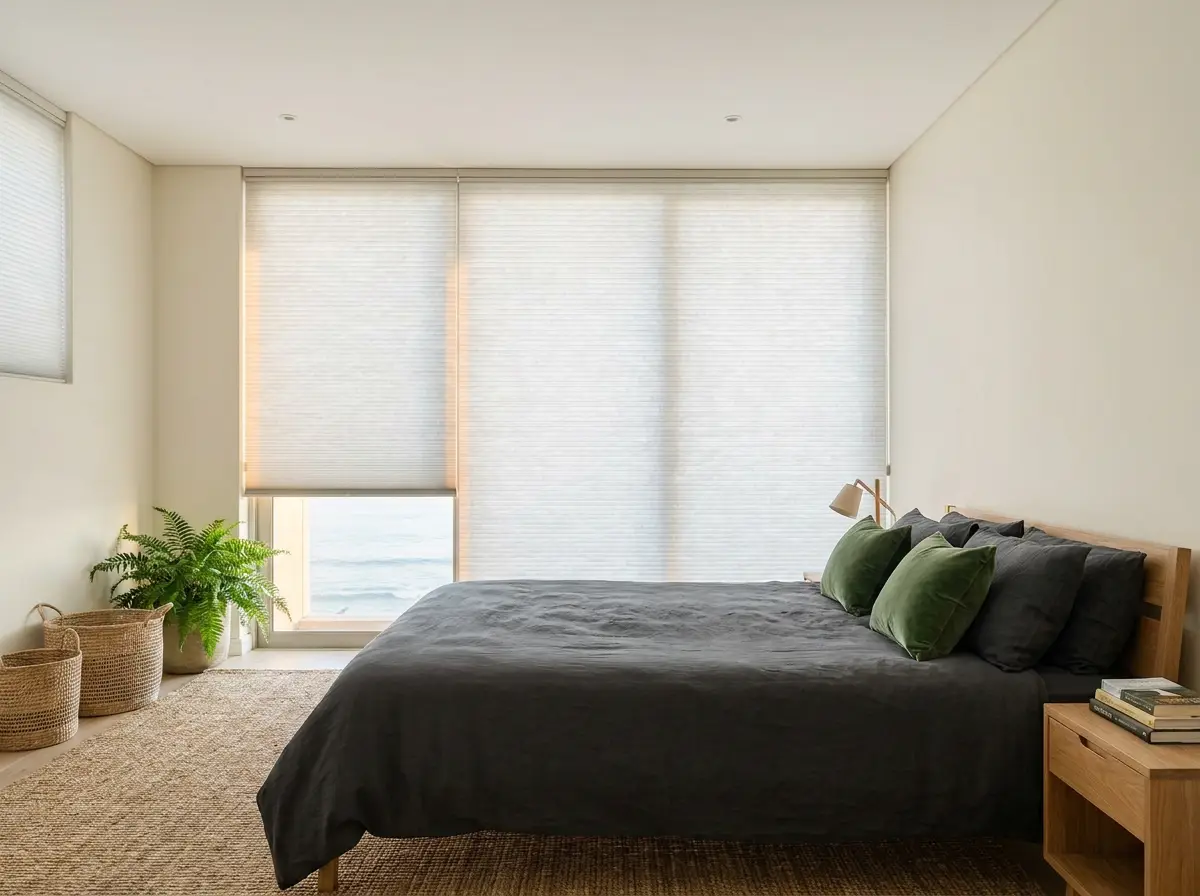 Roller blinds fitted in a coastal Camps Bay bedroom with soft natural light