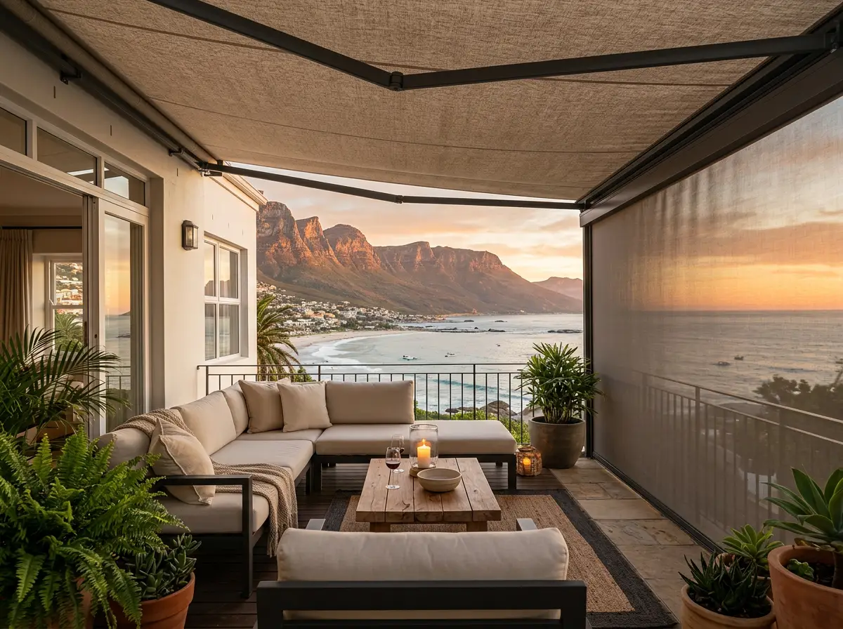 Open-plan lounge in a Camps Bay home with fern-green accents and neutral blinds