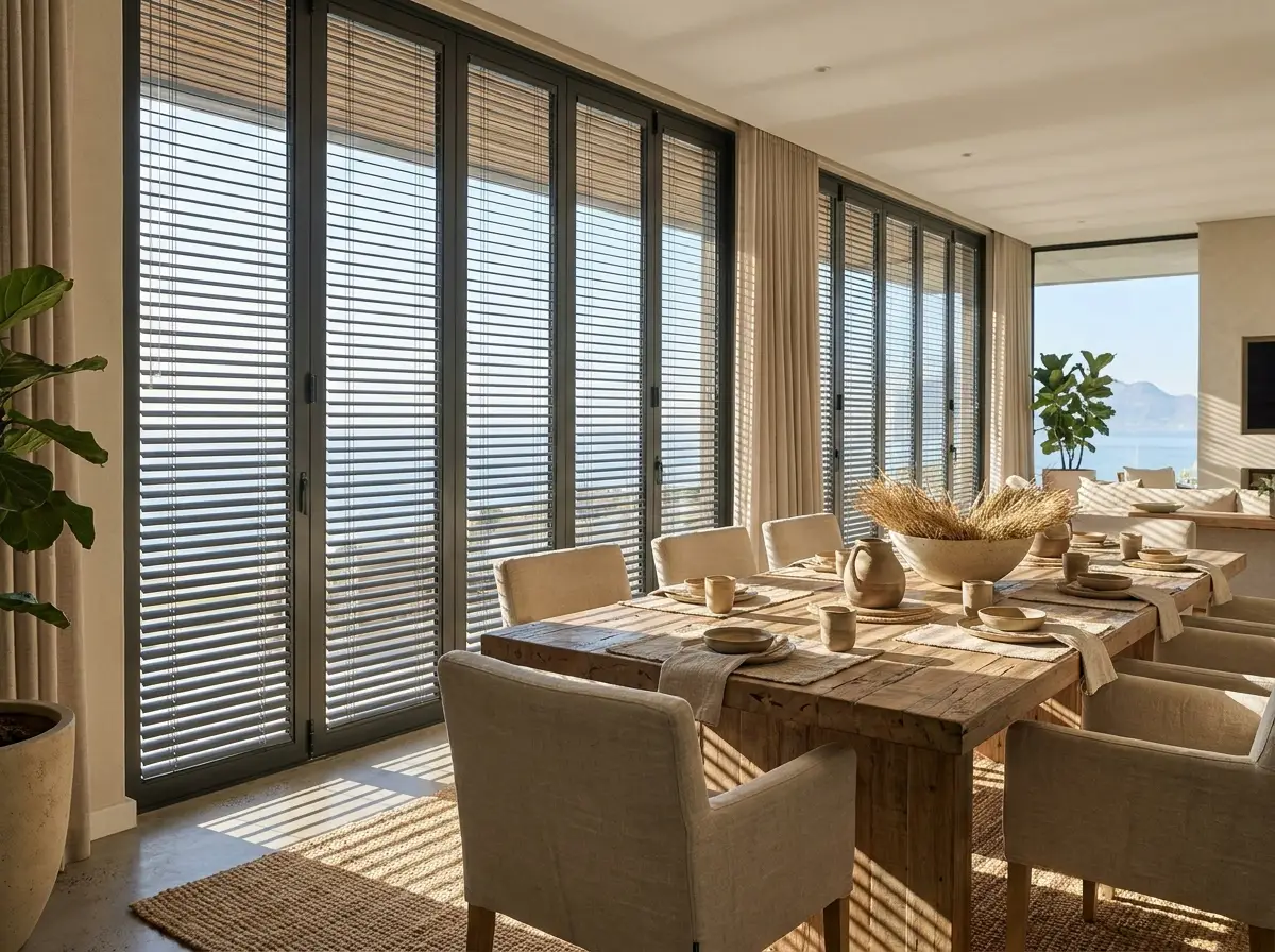 Aluminium venetian blinds angled over a sunlit dining table in a Camps Bay home