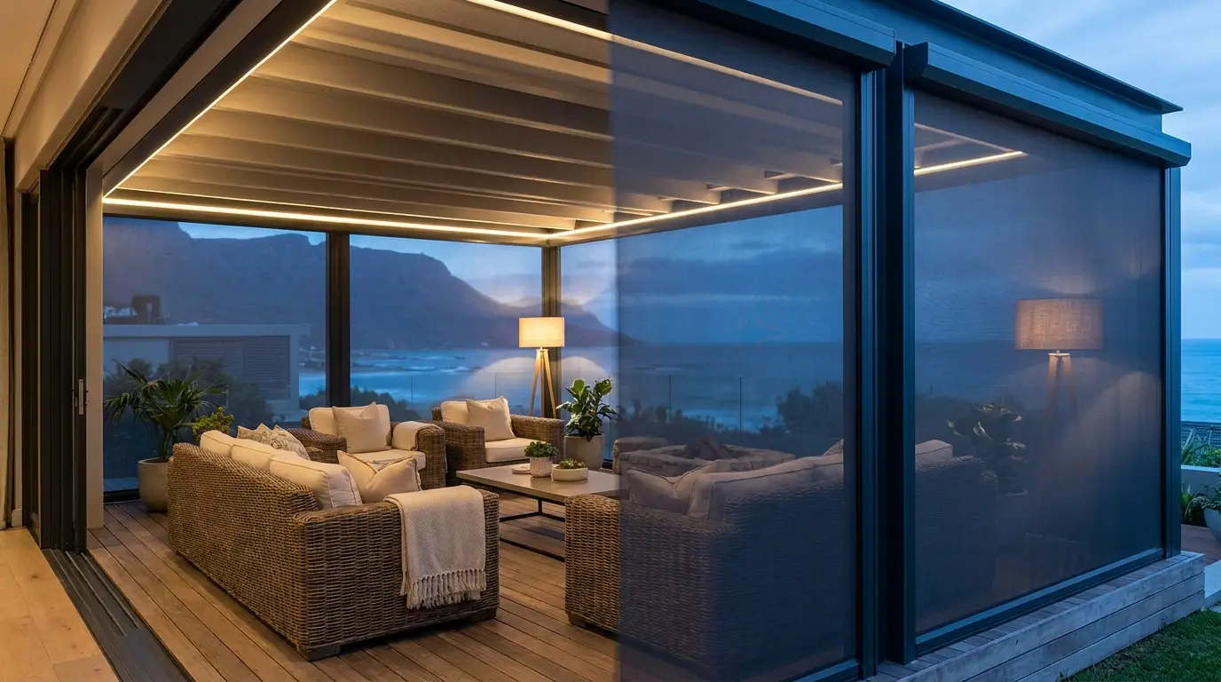Covered Camps Bay deck enclosed with zip-track screens, ocean visible through the mesh fabric